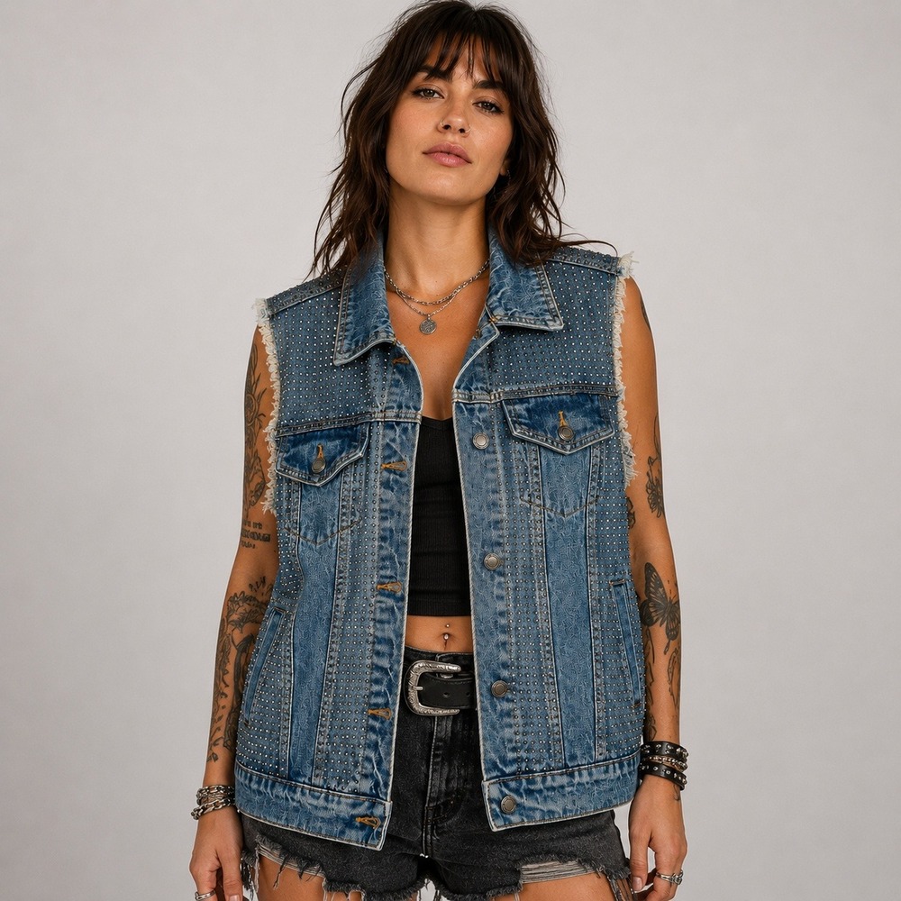 Vocal XL Studded Denim Vest Y2K Glam Rhinestone Trucker Jacket